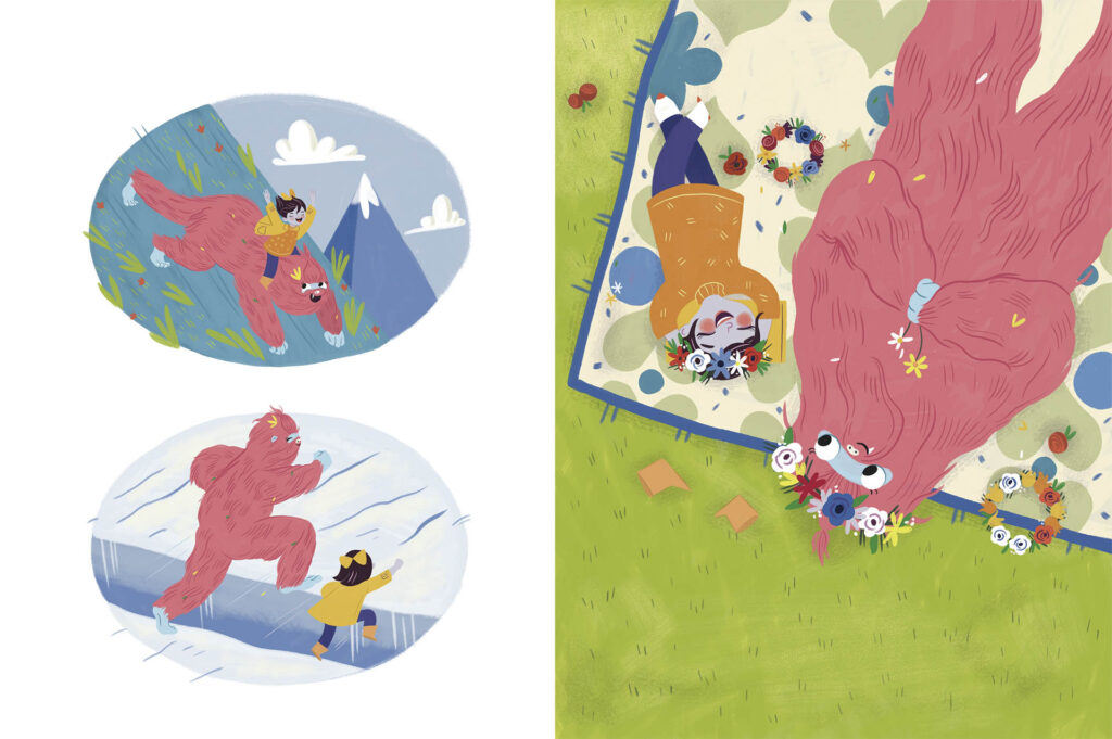 Final version of page 14, it is a page composed of three illustrations, in the first one shows Willa riding on Buttercup the bigfoot descending a hillside, in the second they both jump over a ravine, and in the third, larger, appear the two lying resting, wearing flower crowns.