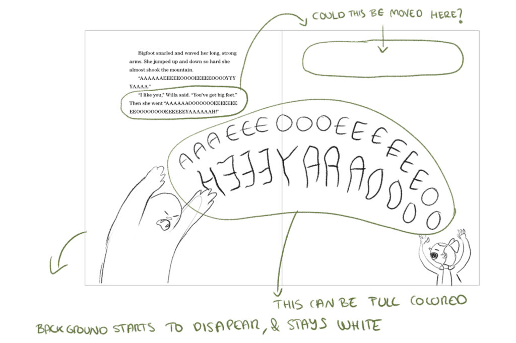 Sketch of an illustration with the protagonist Willa and Buttercup the bigfoot arguing roaring at each other