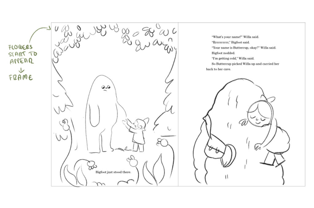 Sketch of two illustrations, one in which Willa and Buttercup the bigfoot shake hands affectionately in the forest, in the other they appear hugging.