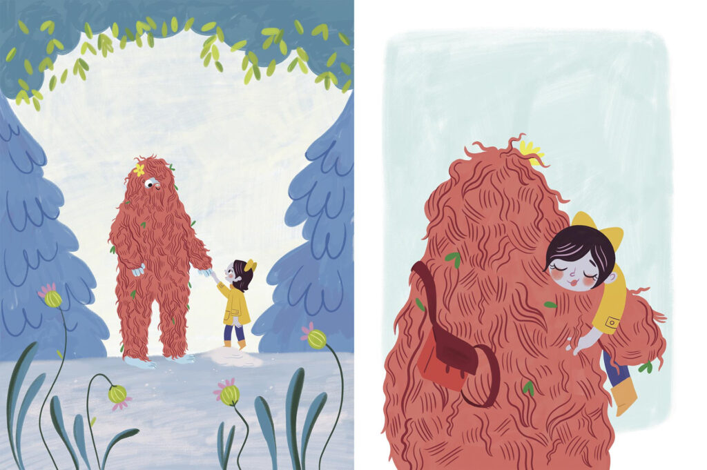 Final version of page 12, in one of the compositions, Willa and Buttercup the bigfoot are together in the woods holding hands warmly. In the other composition they are giving each other a friendly hug.