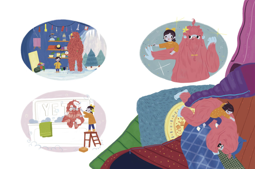 Final version of page 13, consisting of four illustrations, in the first, Willa and Buttercup enter a beautifully decorated cave, in the second Willa bathes Buttercup, in the third Buttercup is seen very well groomed and groomed while Willa paints her nails, in the fourth Willa and Buttercup appear sleeping together on a pile of blankets.